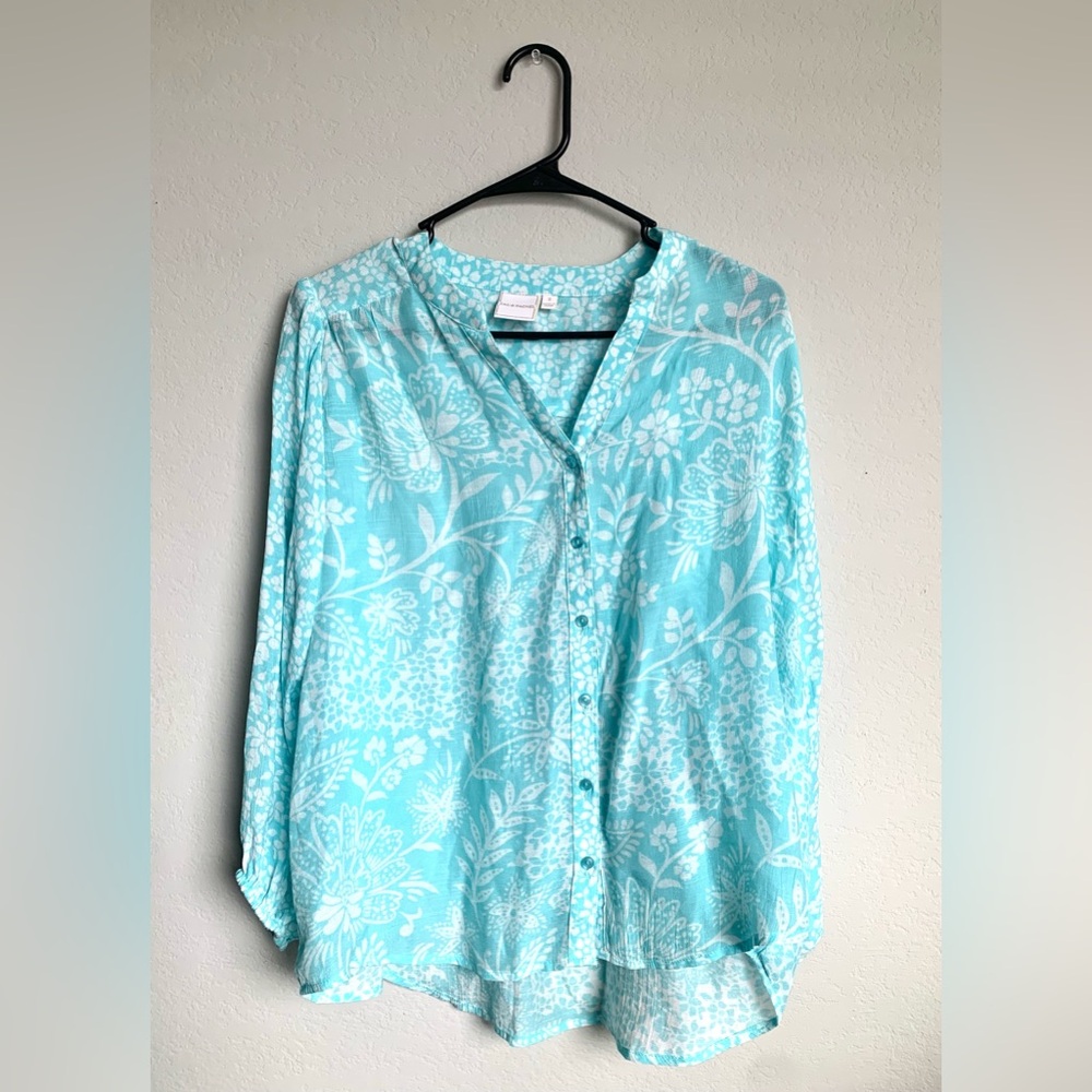 Zac & Rachel Floral Button-Up Blouse - Light Blue
